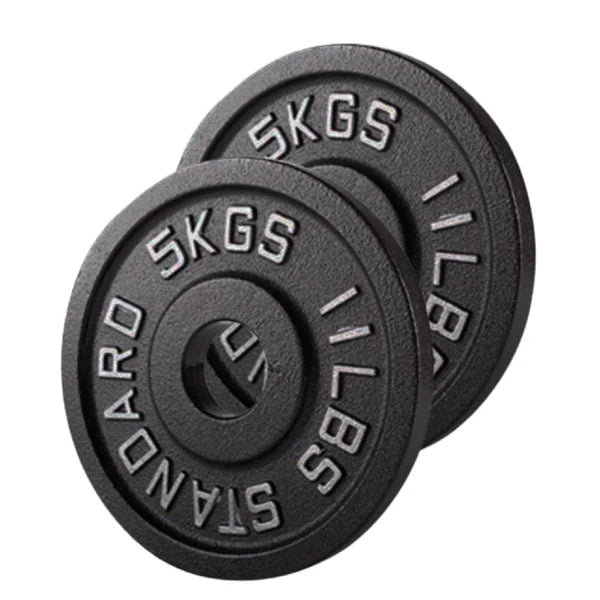 Two black weight plates with 'SKGS' branding on a white background