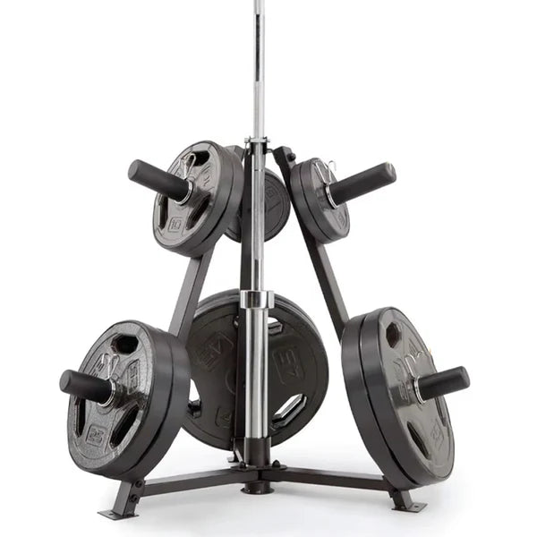 Weight plate stack with a stand on a white background