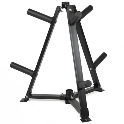 Black metal weight rack on a white background
