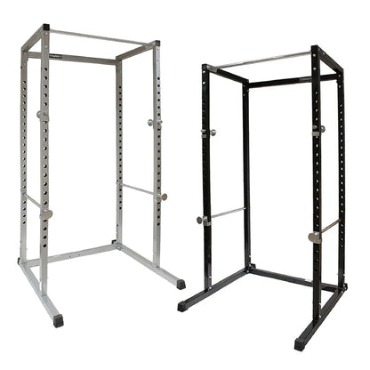 Two metal power rack frames, one silver and one black, on a white background.