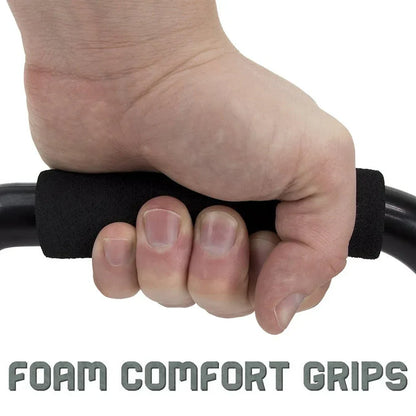 Hand holding a black foam comfort grip with text 'Foam Comfort Grips' below.