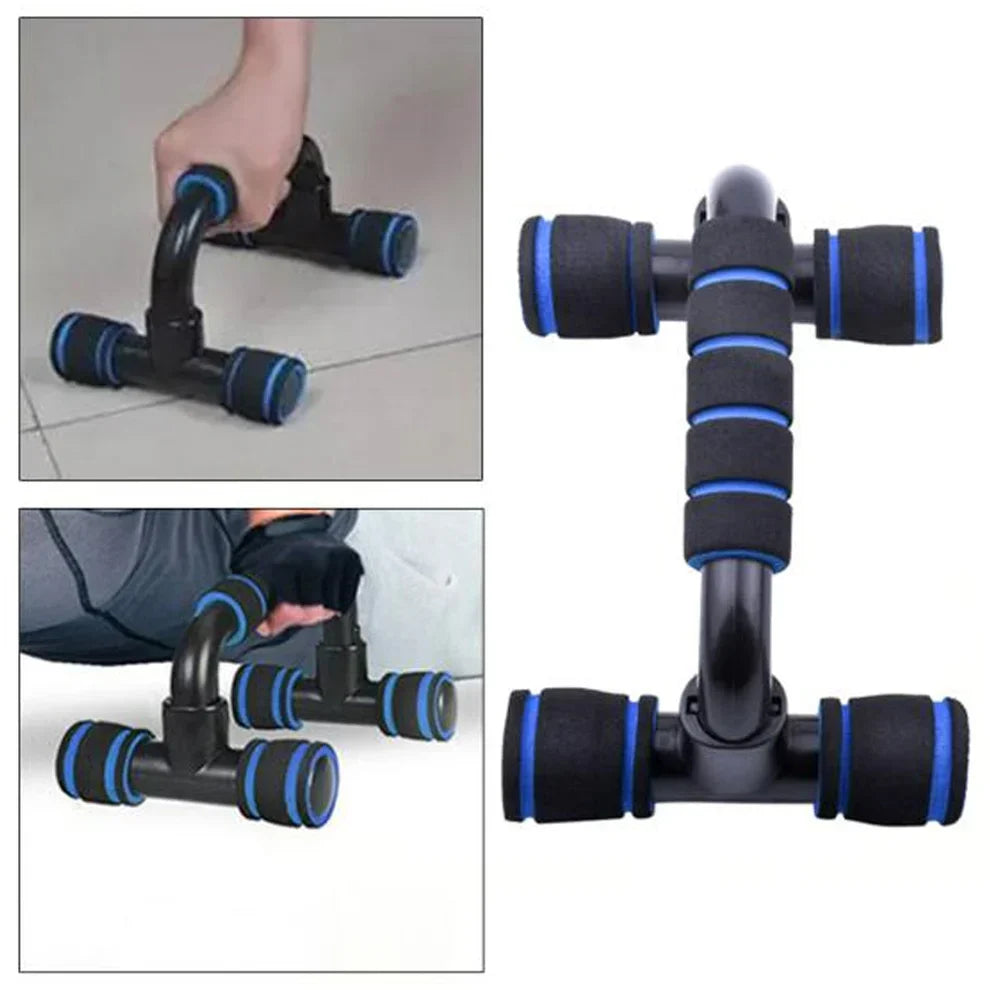 Black and blue exercise tool with handles on a white background
