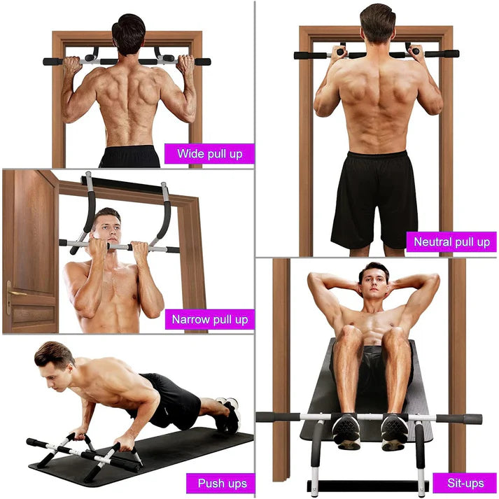 Man demonstrating various pull-up and exercise positions on a pull-up bar with labeled examples.