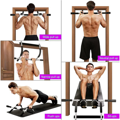Man demonstrating various pull-up and exercise positions on a pull-up bar with labeled examples.