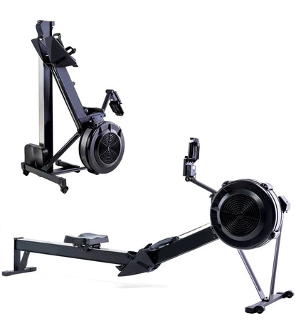 Two views of a black rowing machine on a white background