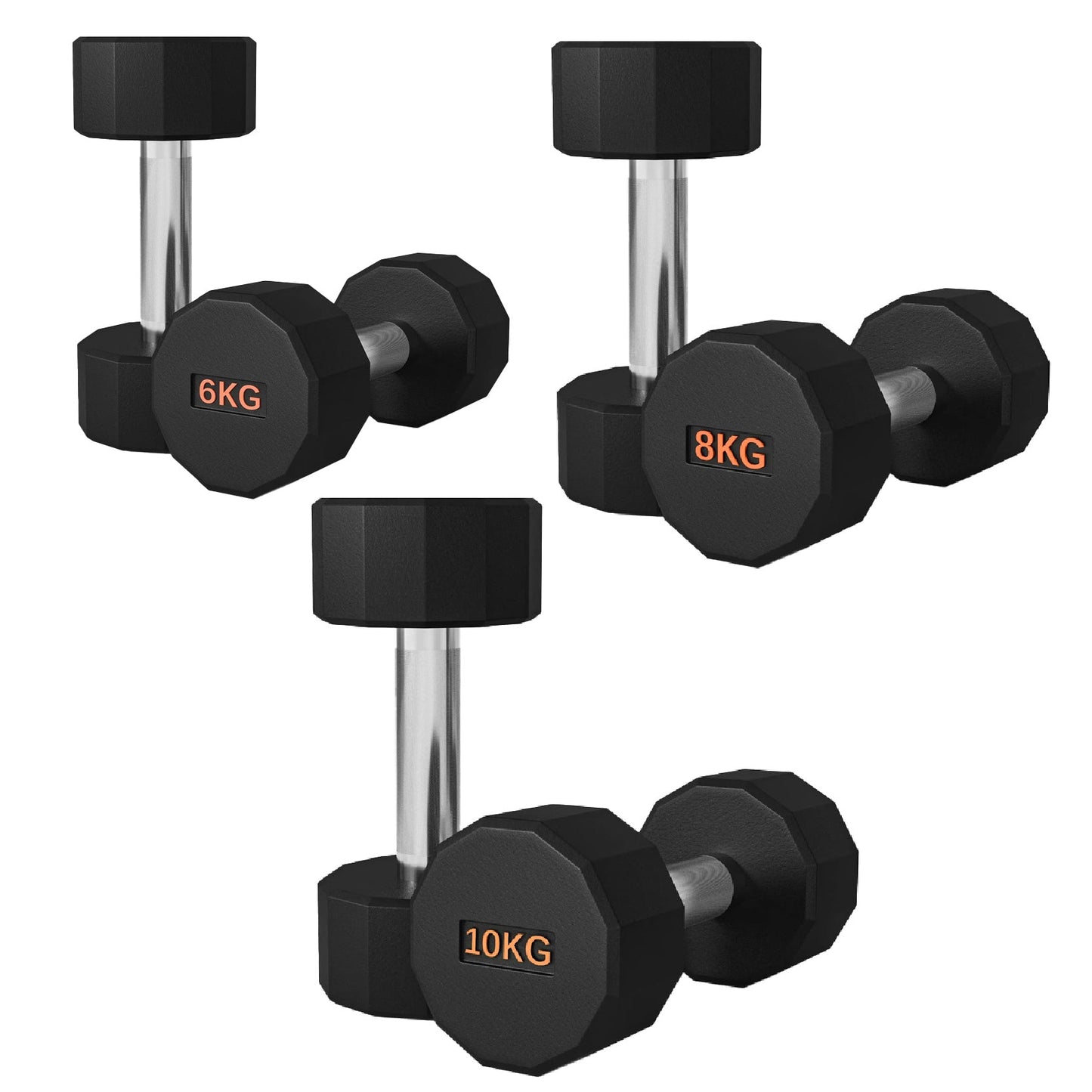 Premium Round Hex Dumbbells – Rubber-Coated, Knurled Grip, Anti-Roll Design – Singles, Pairs, Sets & Optional Rack