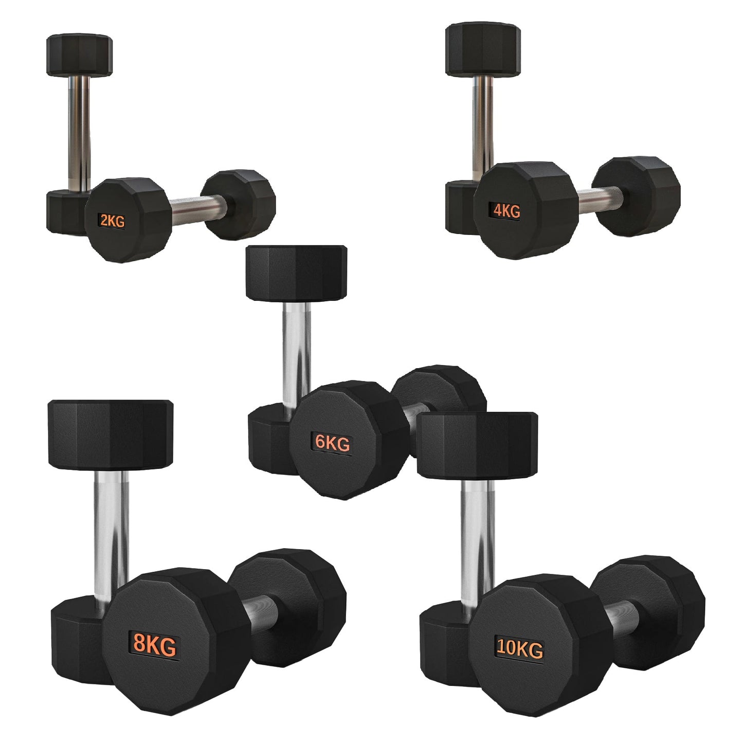 Premium Round Hex Dumbbells – Rubber-Coated, Knurled Grip, Anti-Roll Design – Singles, Pairs, Sets & Optional Rack