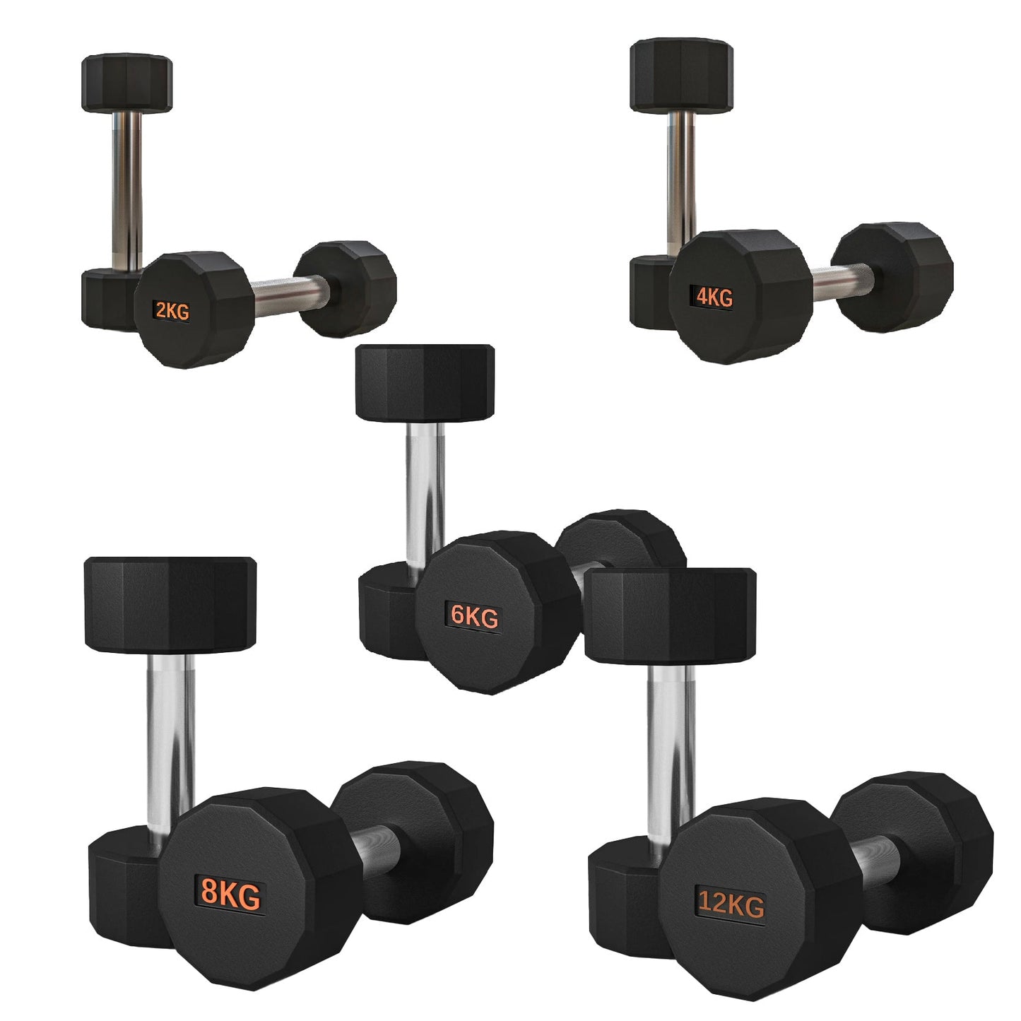 Premium Round Hex Dumbbells – Rubber-Coated, Knurled Grip, Anti-Roll Design – Singles, Pairs, Sets & Optional Rack