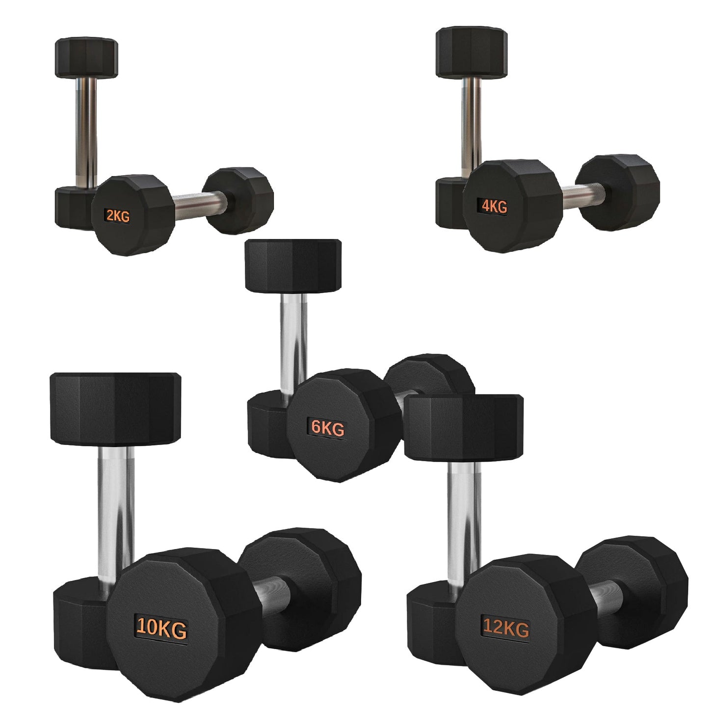 Premium Round Hex Dumbbells – Rubber-Coated, Knurled Grip, Anti-Roll Design – Singles, Pairs, Sets & Optional Rack