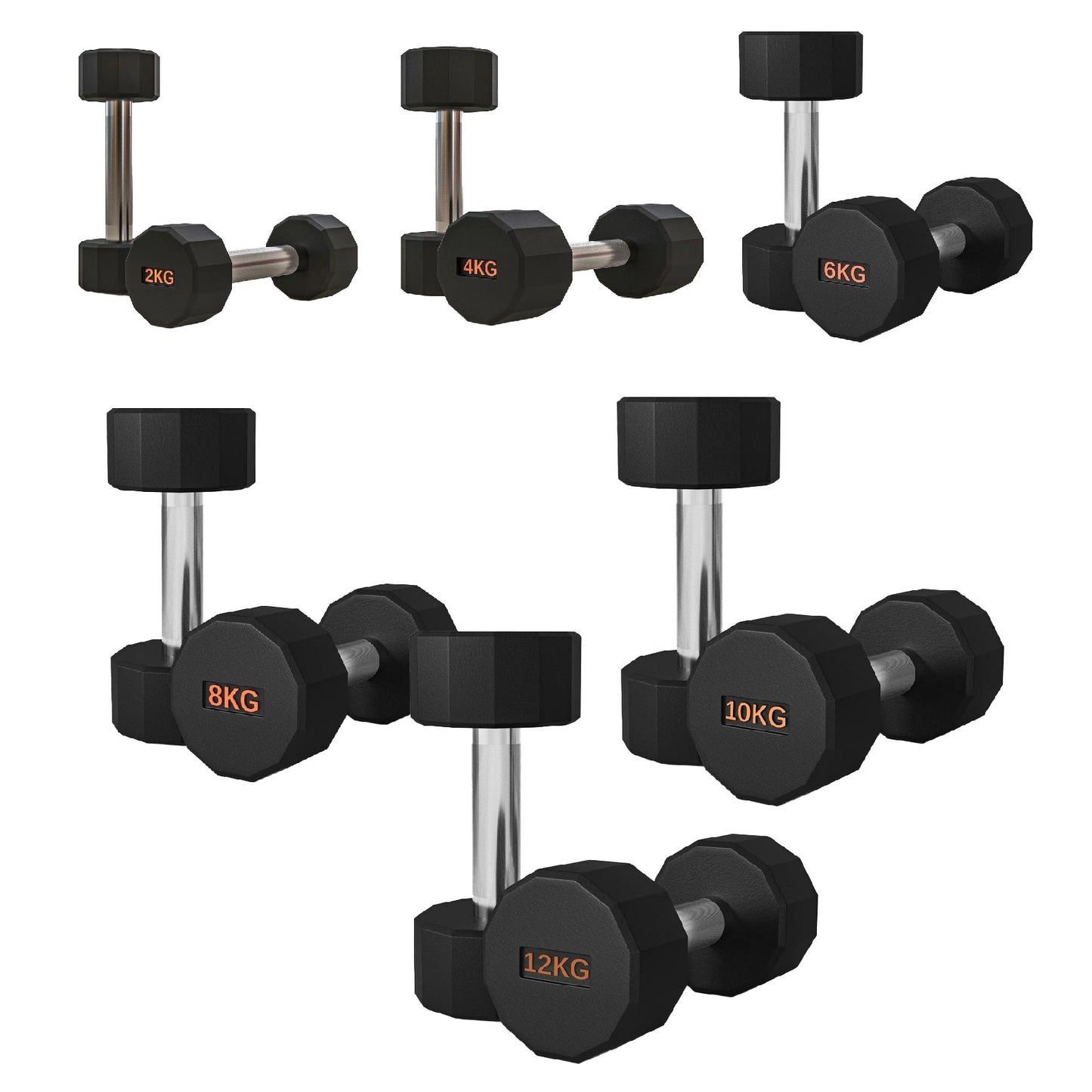Premium Round Hex Dumbbells – Rubber-Coated, Knurled Grip, Anti-Roll Design – Singles, Pairs, Sets & Optional Rack