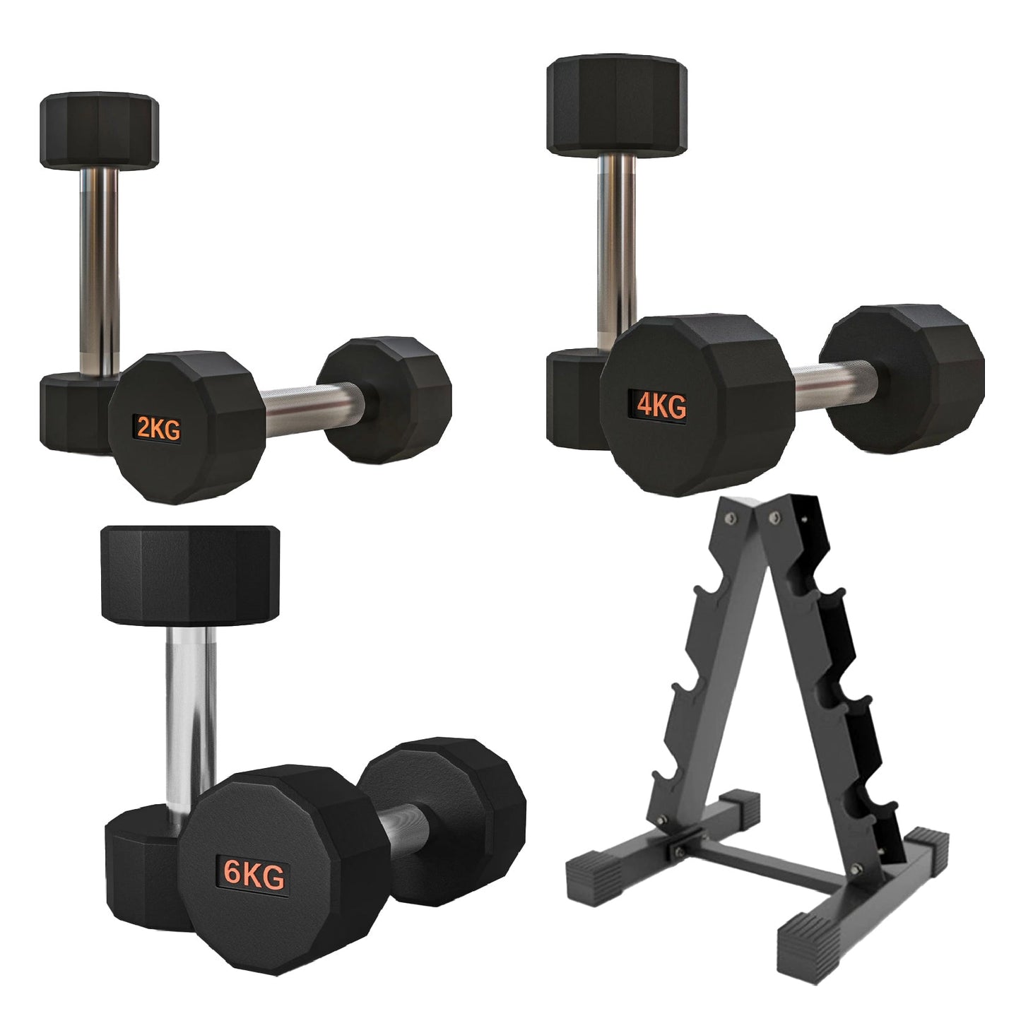 Premium Round Hex Dumbbells – Rubber-Coated, Knurled Grip, Anti-Roll Design – Singles, Pairs, Sets & Optional Rack