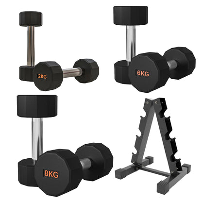 Premium Round Hex Dumbbells – Rubber-Coated, Knurled Grip, Anti-Roll Design – Singles, Pairs, Sets & Optional Rack