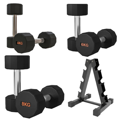 Premium Round Hex Dumbbells – Rubber-Coated, Knurled Grip, Anti-Roll Design – Singles, Pairs, Sets & Optional Rack