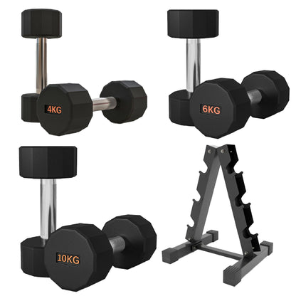 Premium Round Hex Dumbbells – Rubber-Coated, Knurled Grip, Anti-Roll Design – Singles, Pairs, Sets & Optional Rack