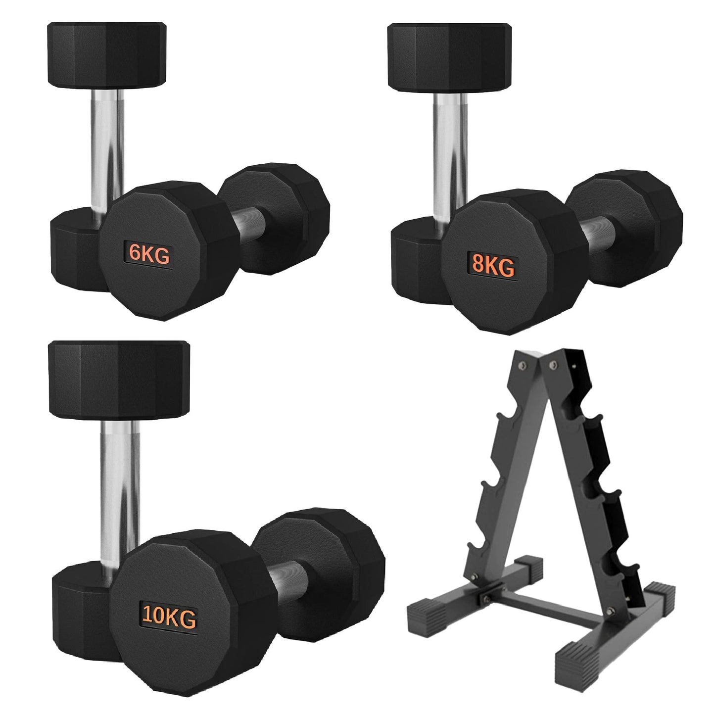 Premium Round Hex Dumbbells – Rubber-Coated, Knurled Grip, Anti-Roll Design – Singles, Pairs, Sets & Optional Rack