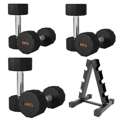 Premium Round Hex Dumbbells – Rubber-Coated, Knurled Grip, Anti-Roll Design – Singles, Pairs, Sets & Optional Rack