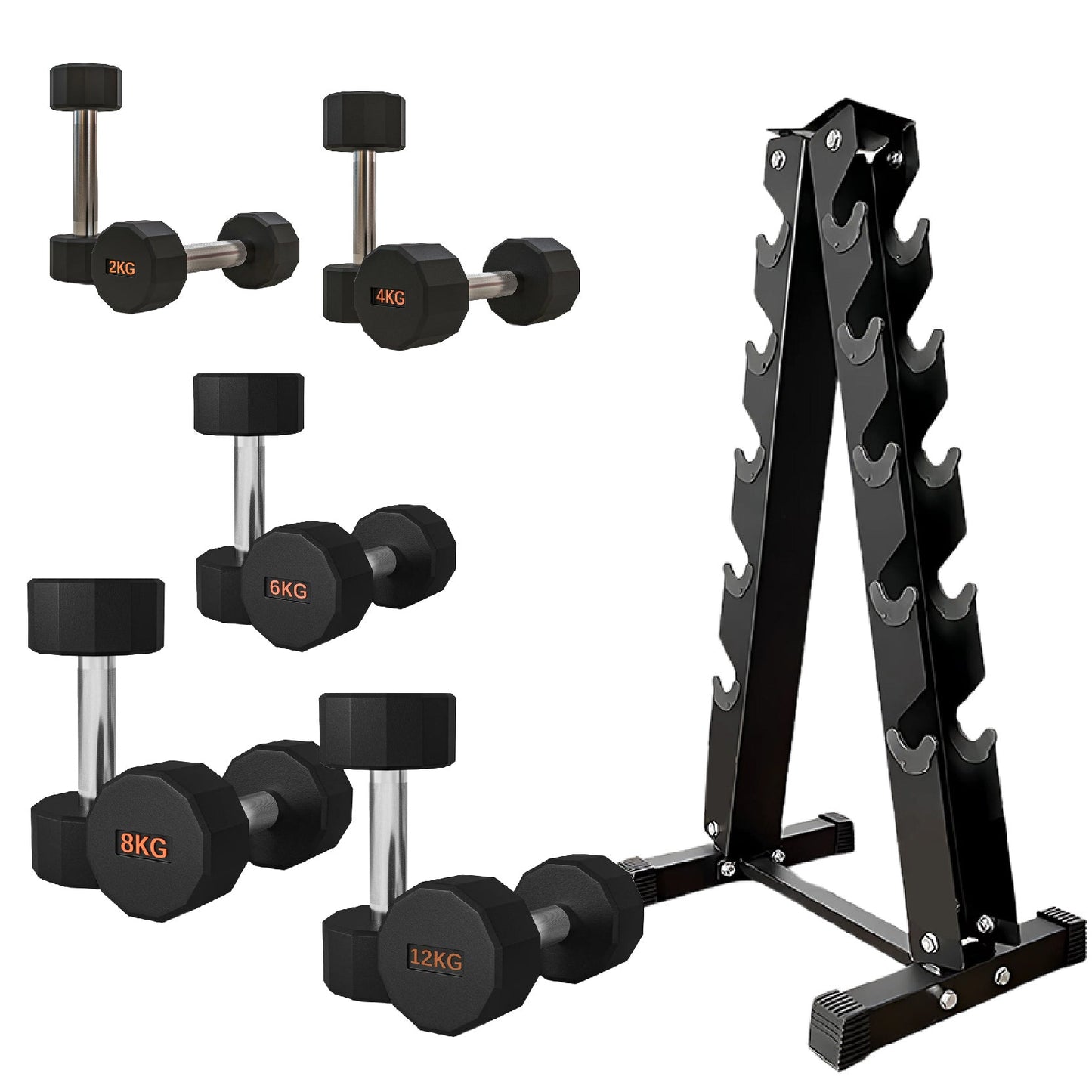 Premium Round Hex Dumbbells – Rubber-Coated, Knurled Grip, Anti-Roll Design – Singles, Pairs, Sets & Optional Rack