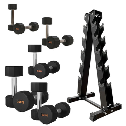 Premium Round Hex Dumbbells – Rubber-Coated, Knurled Grip, Anti-Roll Design – Singles, Pairs, Sets & Optional Rack