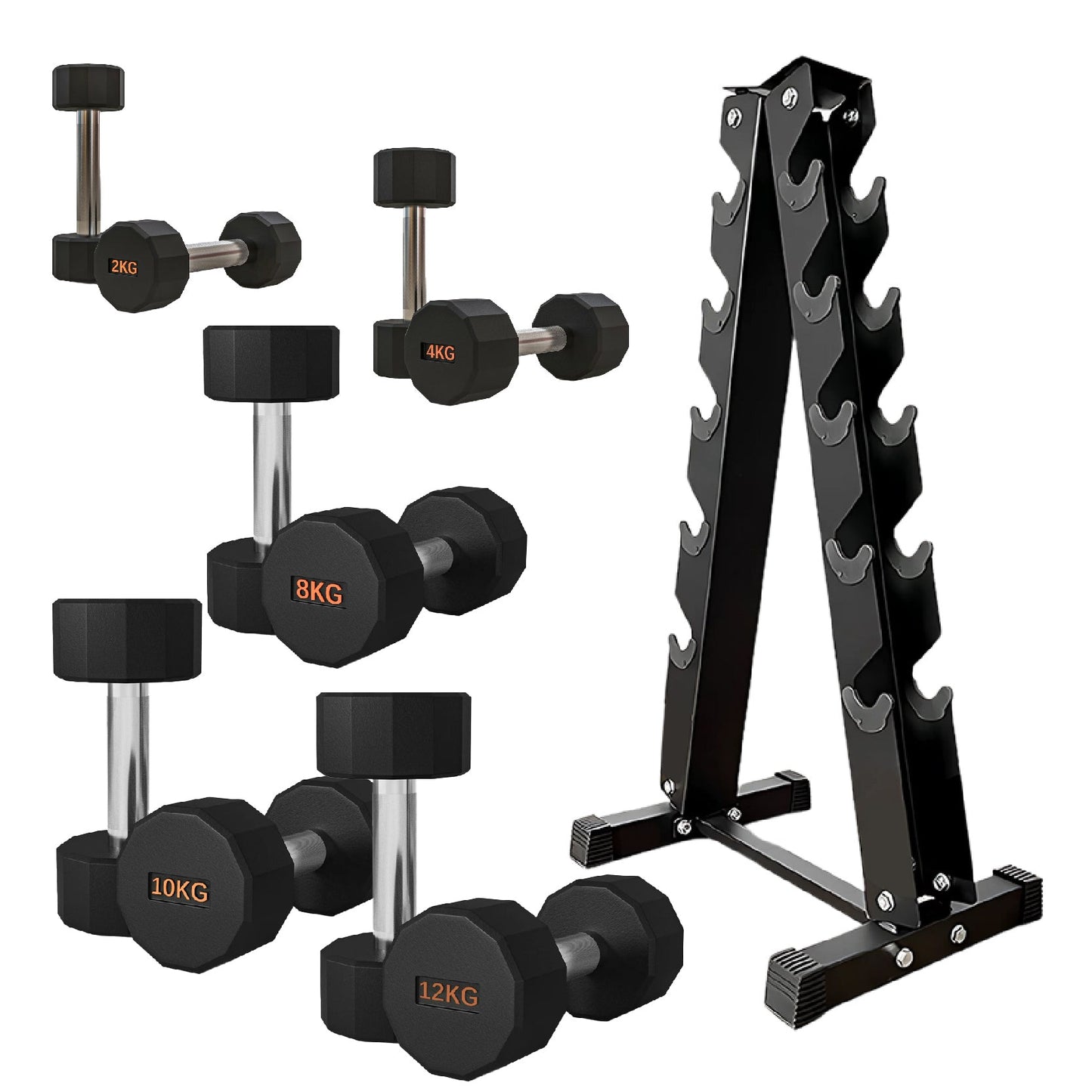 Premium Round Hex Dumbbells – Rubber-Coated, Knurled Grip, Anti-Roll Design – Singles, Pairs, Sets & Optional Rack