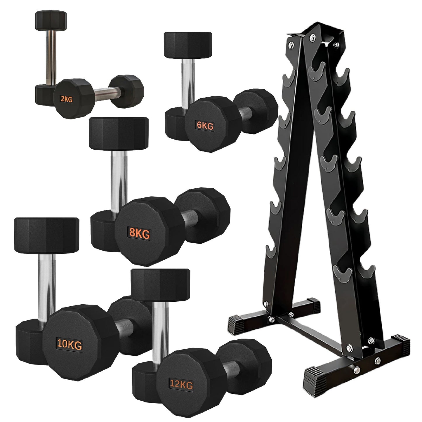 Premium Round Hex Dumbbells – Rubber-Coated, Knurled Grip, Anti-Roll Design – Singles, Pairs, Sets & Optional Rack