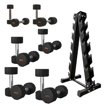 Premium Round Hex Dumbbells – Rubber-Coated, Knurled Grip, Anti-Roll Design – Singles, Pairs, Sets & Optional Rack