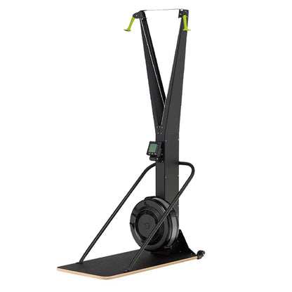 Black and green exercise bike stand on a white background