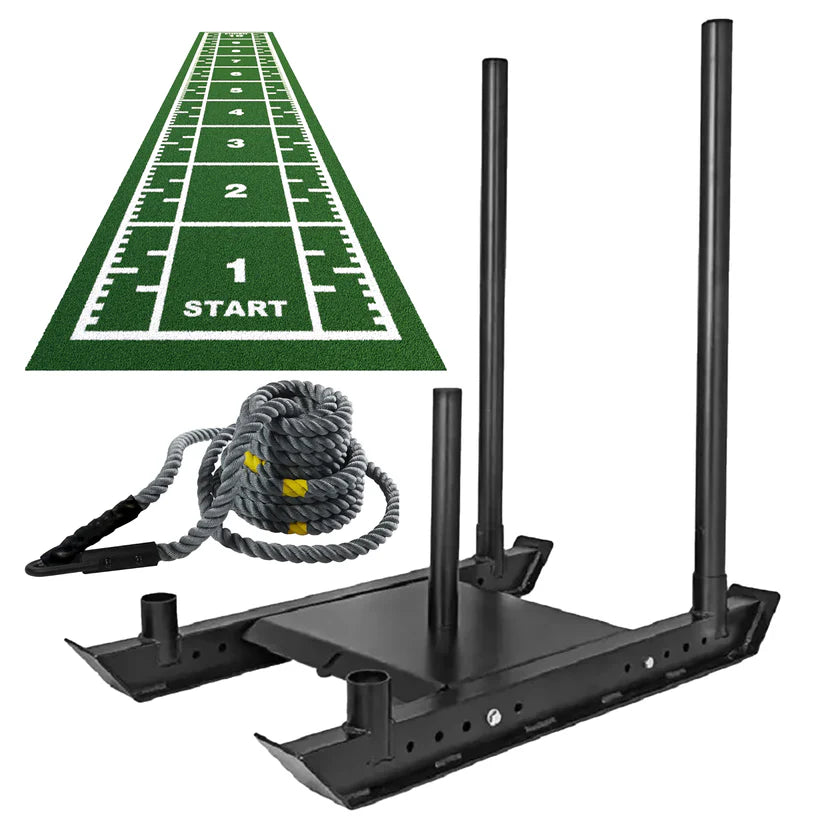 Black athletic training hurdle with green mat featuring a running track design on a white background.