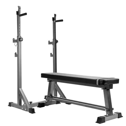 Black weight bench with metal frame on a white background