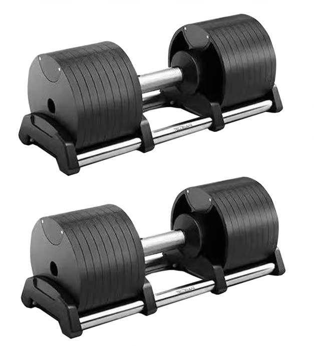 Pair of adjustable dumbbells on a white background