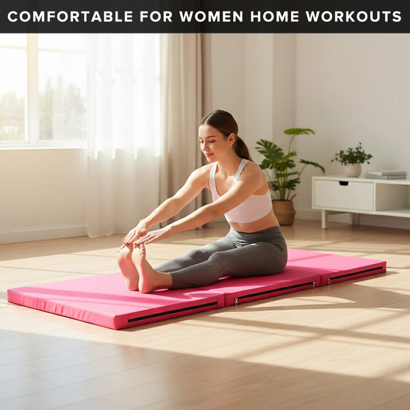 Woman exercising on a pink mat in a home setting with text 'Comfortable for Women Home Workouts'.