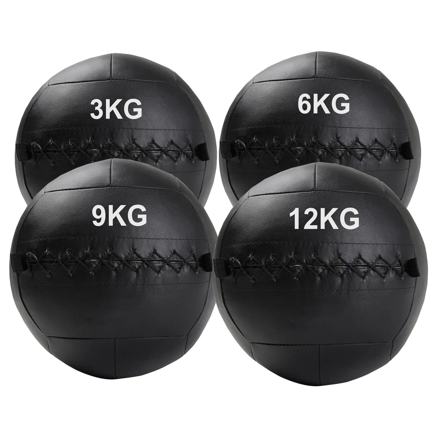 Four black medicine balls with weight markings on a white background