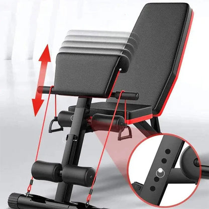 Adjustable weight bench with red arrows indicating movement on a white background