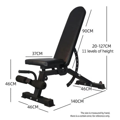Black adjustable weight bench with dimensions labeled on a white background
