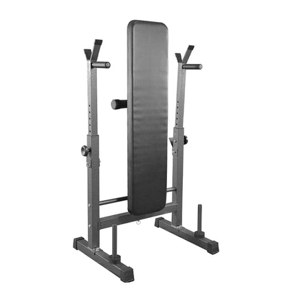 Gray weight lifting bench with adjustable arms on a white background