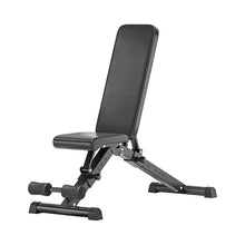 Black adjustable weight bench on a white background