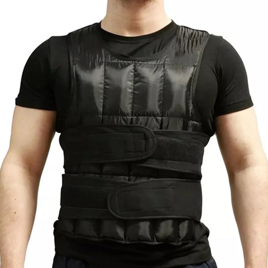 Person wearing a black weighted vest on a white background