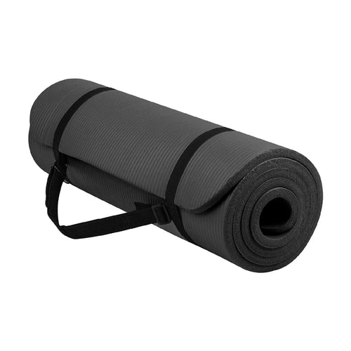 Black yoga mat with a carrying strap on a white background