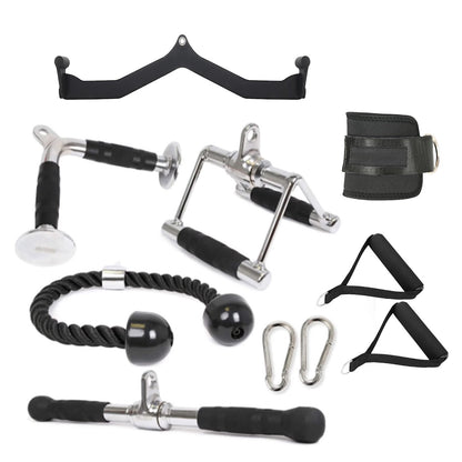 Cable Machine Attachments Set – Chrome Bars, Textured Handles & Adjustable Leg Cuff for Full-Body Strength Training in Home Gym