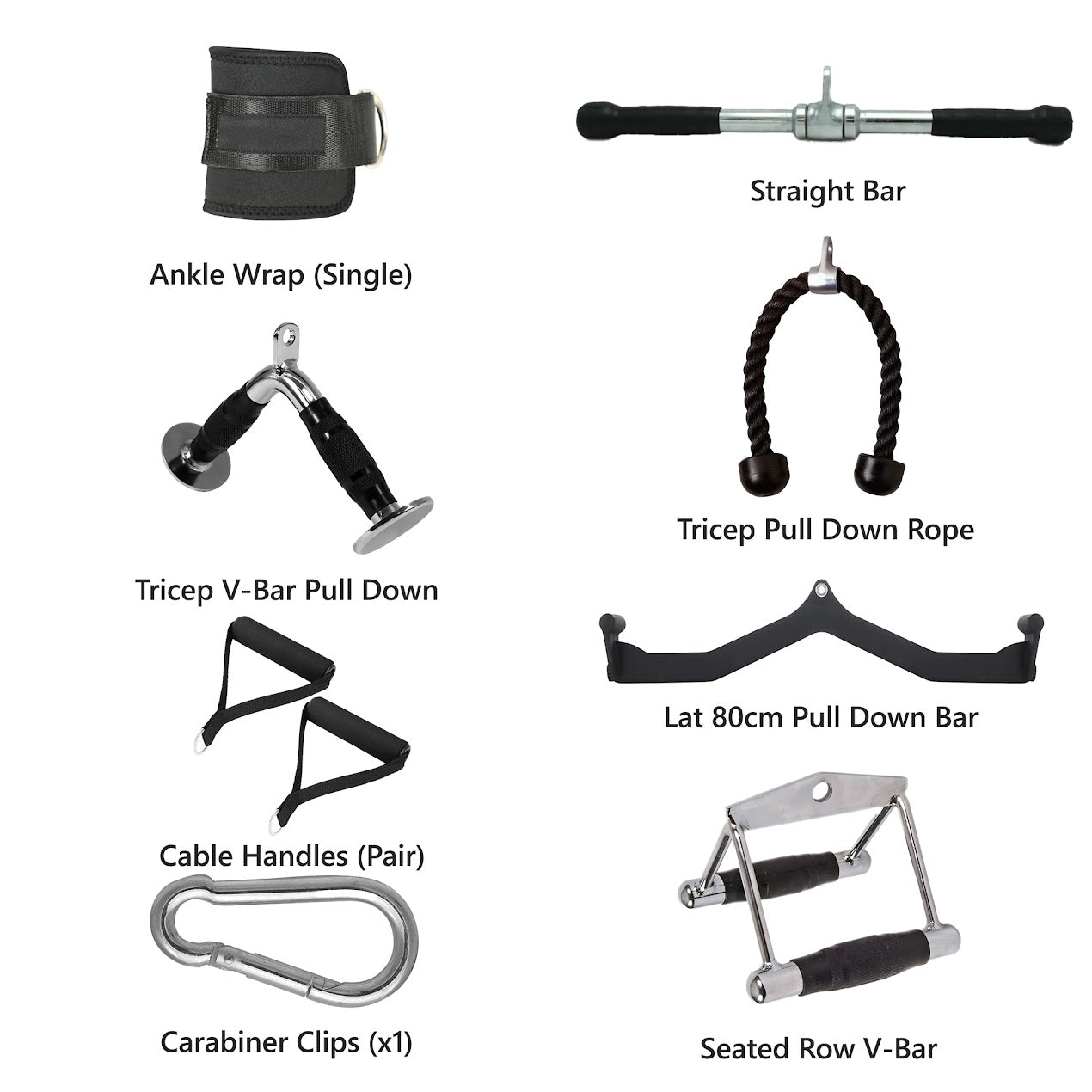Cable Machine Attachments Set – Chrome Bars, Textured Handles & Adjustable Leg Cuff for Full-Body Strength Training in Home Gym