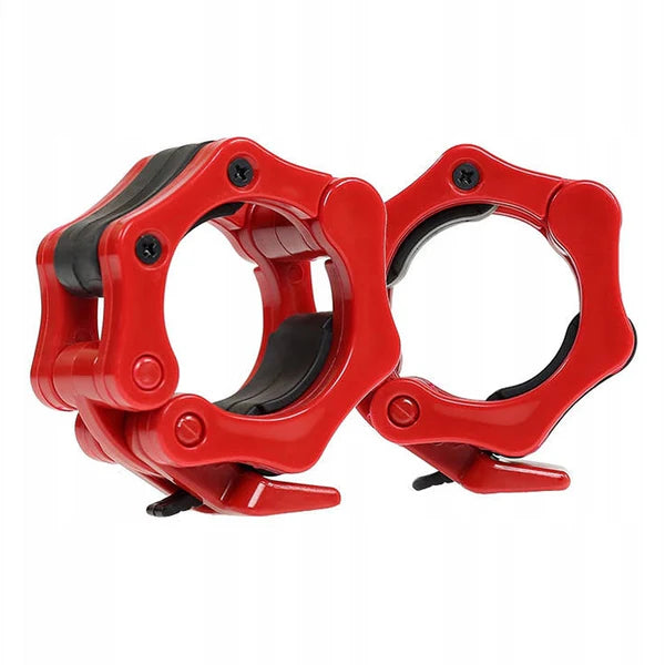 Two red metal clamps on a white background