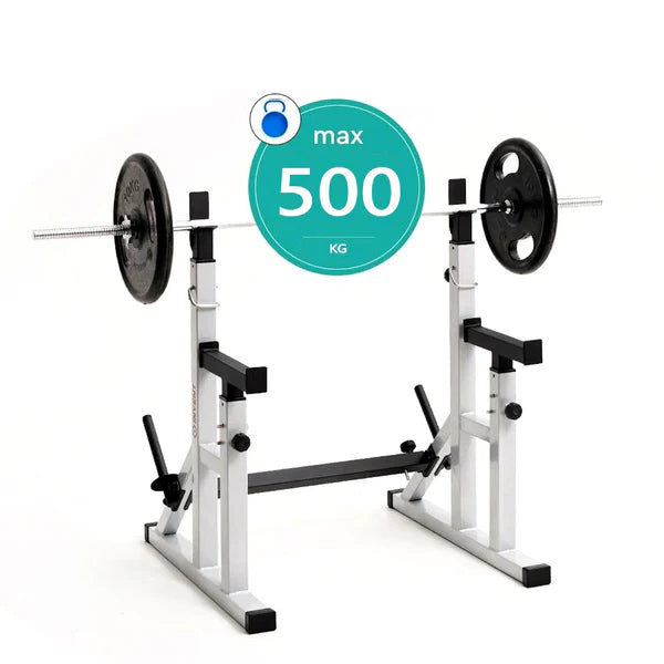 Adjustable Squat & Bench Press Rack 2.0 – Heavy-Duty Steel Frame with Multi-Position Spotter Arms, Dip Bars & Plate Storage for Home Gym Strength Training