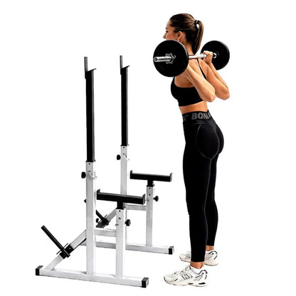 Adjustable Squat & Bench Press Rack 2.0 – Heavy-Duty Steel Frame with Multi-Position Spotter Arms, Dip Bars & Plate Storage for Home Gym Strength Training