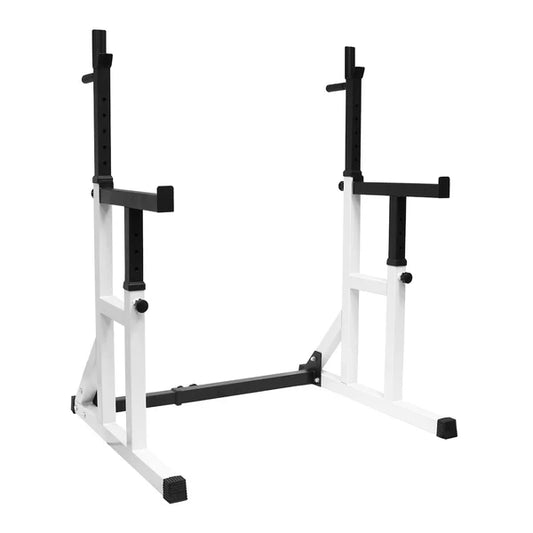 Adjustable Squat & Bench Press Rack 2.0 – Heavy-Duty Steel Frame with Multi-Position Spotter Arms, Dip Bars & Plate Storage for Home Gym Strength Training