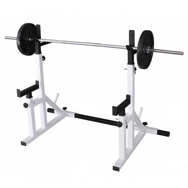 Adjustable Squat & Bench Press Rack 2.0 – Heavy-Duty Steel Frame with Multi-Position Spotter Arms, Dip Bars & Plate Storage for Home Gym Strength Training