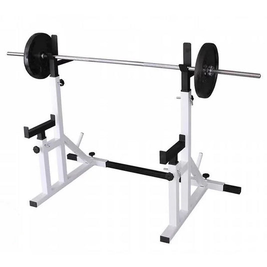 Adjustable Squat & Bench Press Rack 2.0 – Heavy-Duty Steel Frame with Multi-Position Spotter Arms, Dip Bars & Plate Storage for Home Gym Strength Training